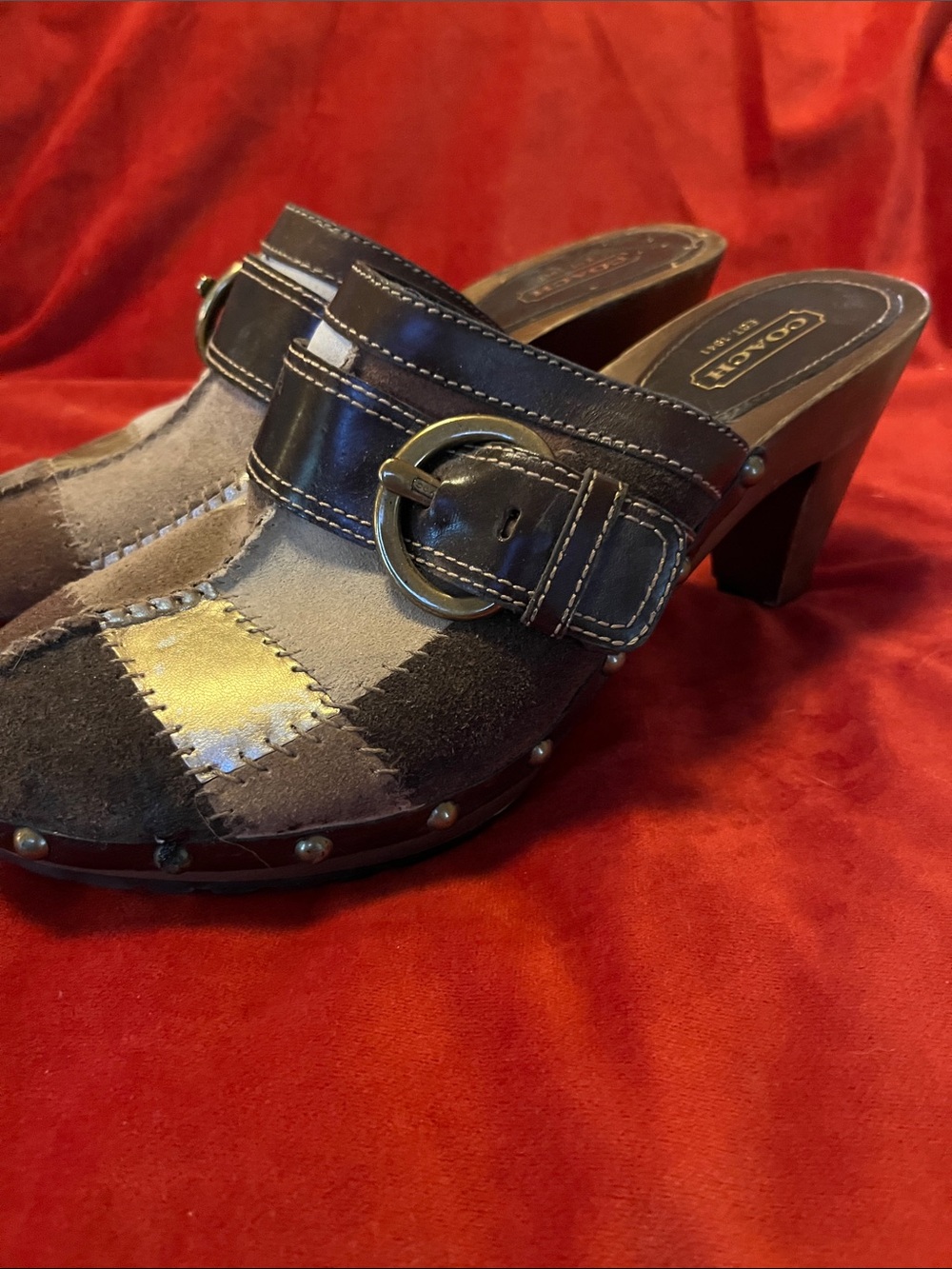 Vintage Coach “Sabrina”Patchwork Suede and Leather Clog Mules in Brown and Gold